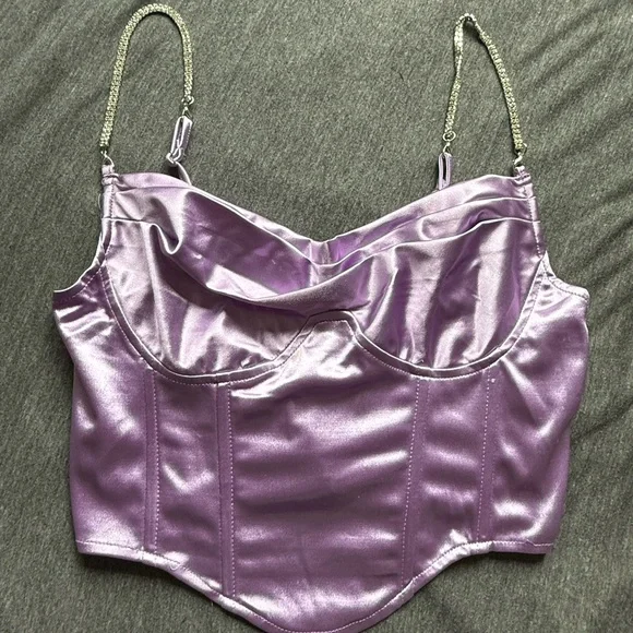 Purple/Lavender Satin Corset Crop Top with Jeweled Chain Straps - Picture 2 of 5